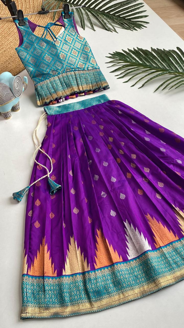 Indian Traditional Silk Blend With Weaving Kids Lehenga Choli - Image 12