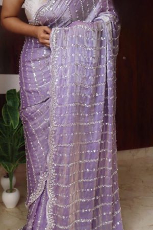 Occasional Wear Space Silk With Beads And Sequins Embroidery Saree