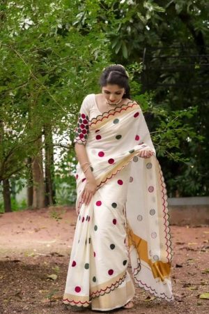 Latest Trending Linen With Digital Print And Zari Border Saree