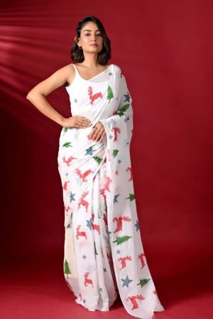 Christmas Special Linen With Digital Print Saree