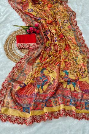 Occasional Wear Dola Banarasi WIth Digital Print And Sequins Embroidery Saree