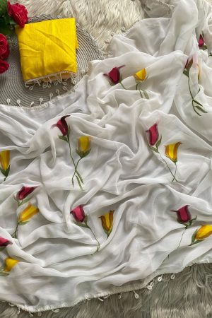 Beautiful Georgette With Floral Print Beads Border Saree