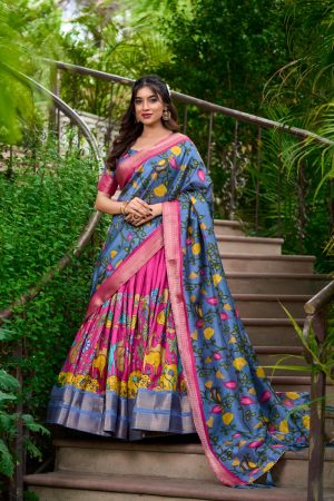 Occasional Wear Dola Silk With Kalamkari Print and Zari Weaving Lehenga Choli
