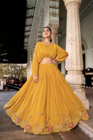 Fashionable Georgette With Sequins And Thread Embroidery Work Lehenga Choli