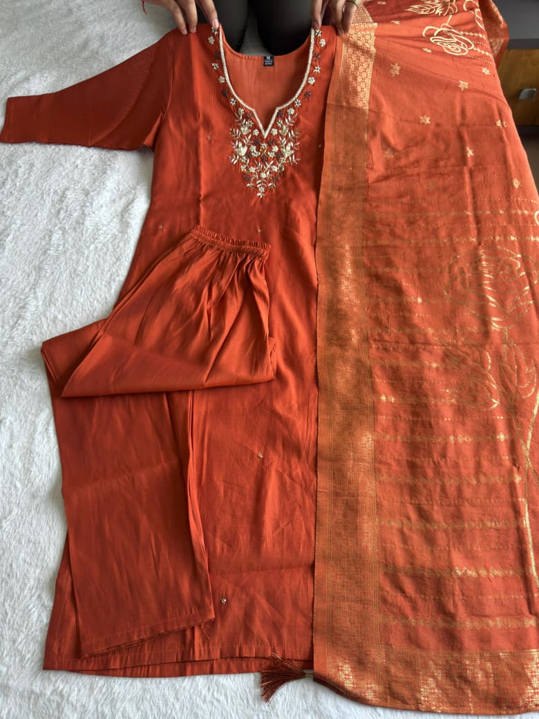 Designer Premium Roman Silk With Hand Work Kurti Pant And Dupatta - Image 12
