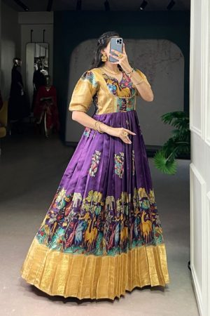 Premium Quality  Dola Silk With Pichwai Print And Weaving Work Gown