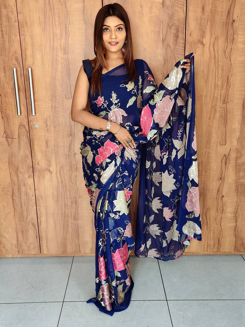 Designer Fancy Heavy Faux Georgette Silk With Multi Thread And Sequence Embroidery Work Saree - Image 5