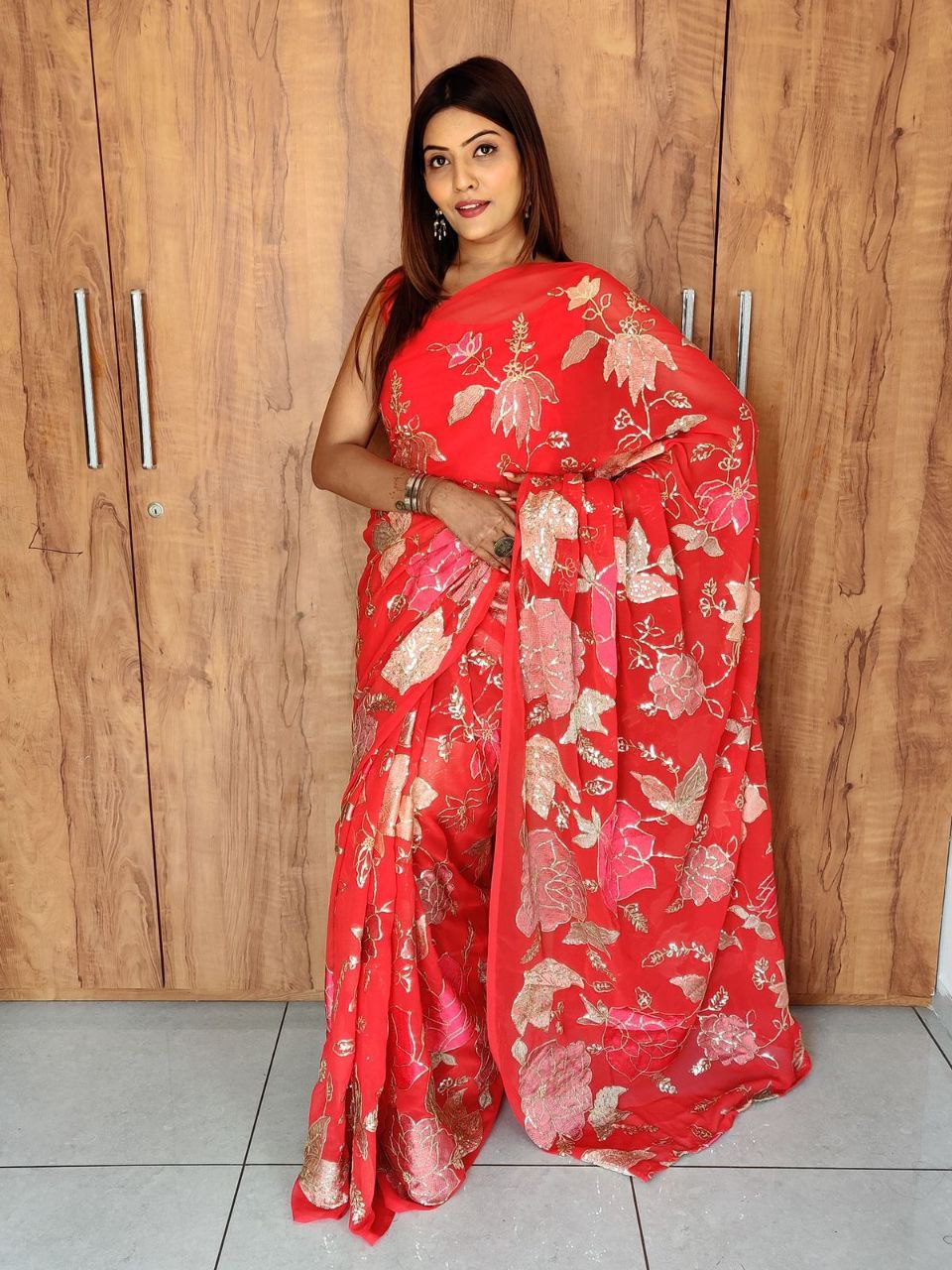 Designer Fancy Heavy Faux Georgette Silk With Multi Thread And Sequence Embroidery Work Saree - Image 4