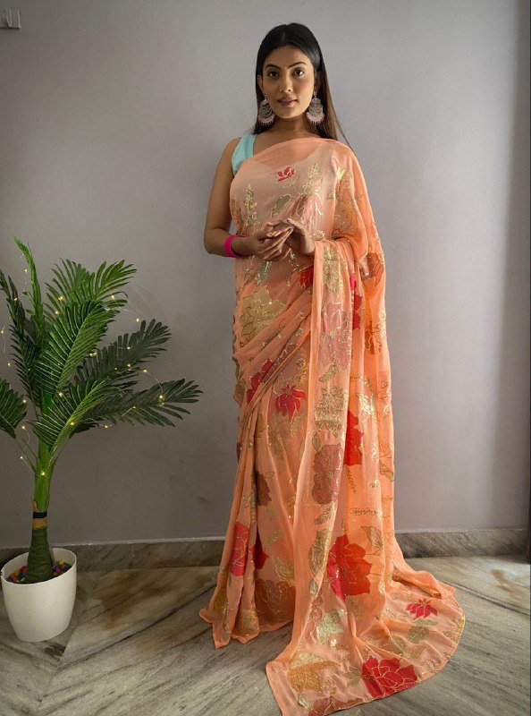 Designer Fancy Heavy Faux Georgette Silk With Multi Thread And Sequence Embroidery Work Saree - Image 3