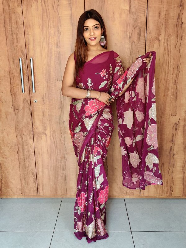 Designer Fancy Heavy Faux Georgette Silk With Multi Thread And Sequence Embroidery Work Saree