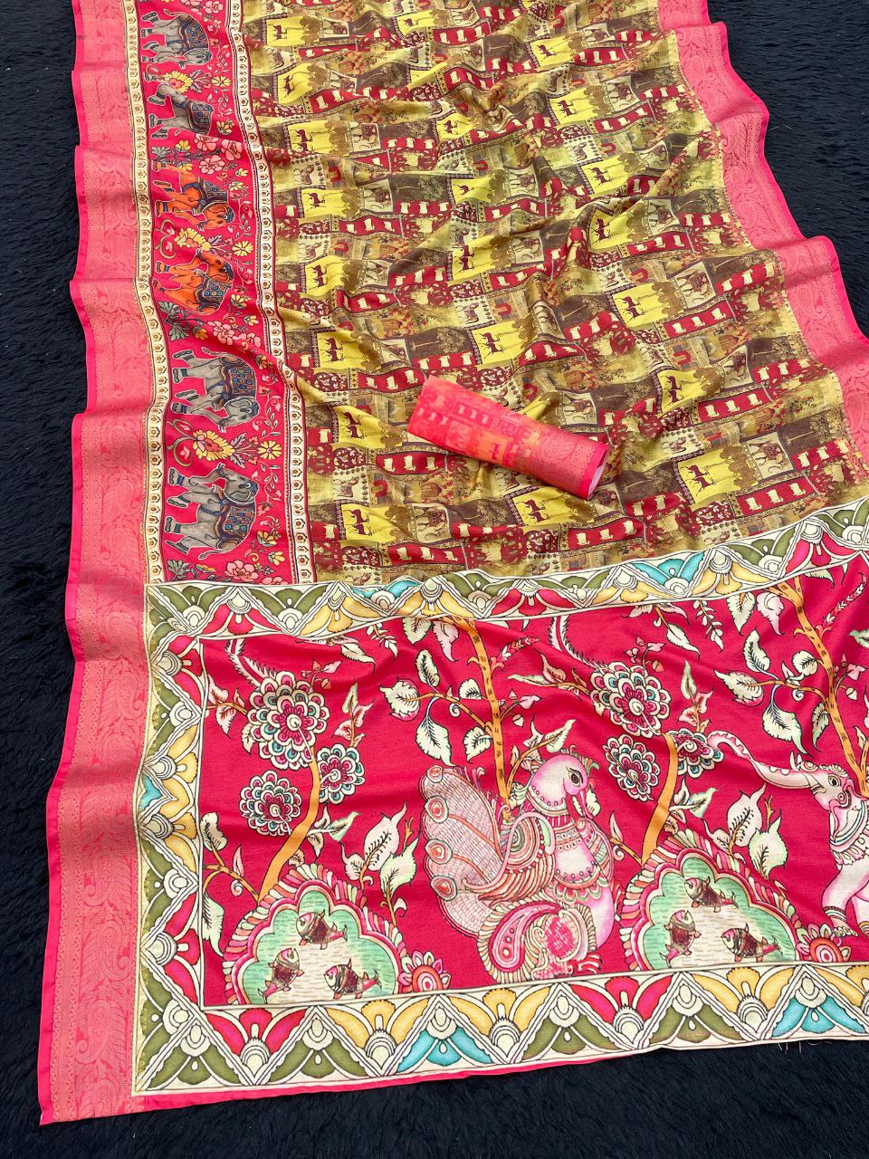 Elegant Look Soft Dola Silk With Printed And Weaving Work Saree - Image 4
