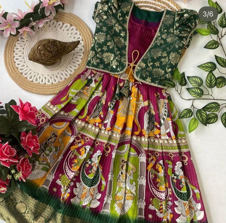 Festival Wear Dola Silk With Jacquard Foil Weaving Work Kids Gown - Image 4