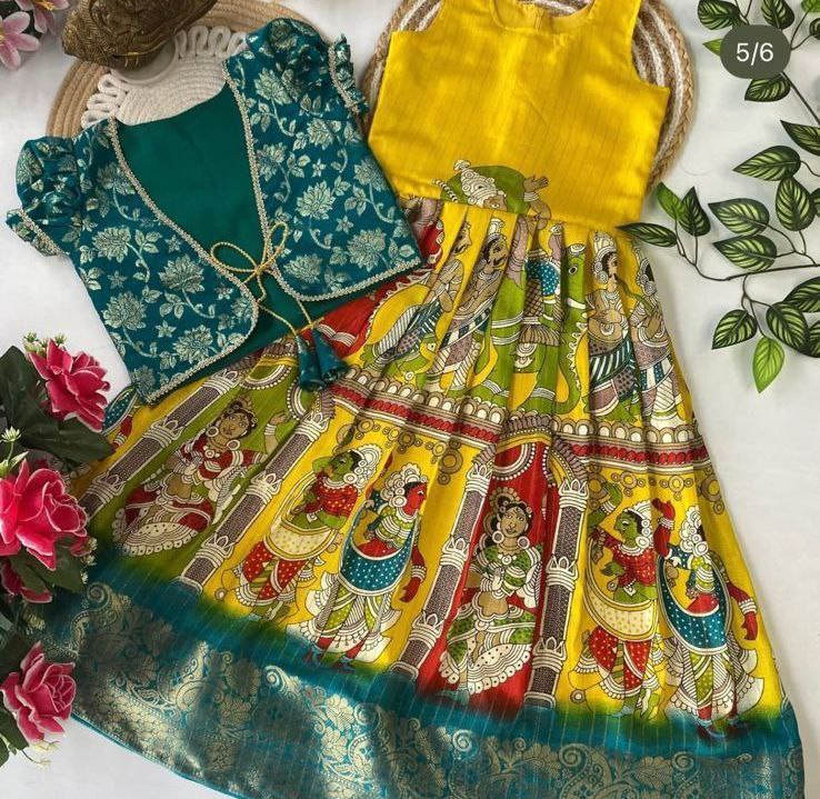 Festival Wear Dola Silk With Jacquard Foil Weaving Work Kids Gown - Image 3