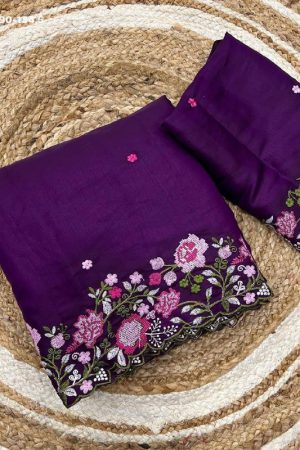 Wedding Wear Korean Tusser Silk With Embroidery Work Saree