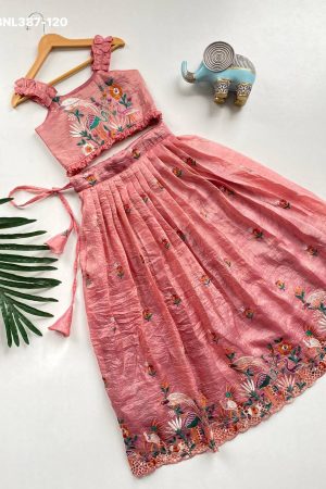 Attractive Gold Crush With Embroidery Work Kids Lehenga Choli