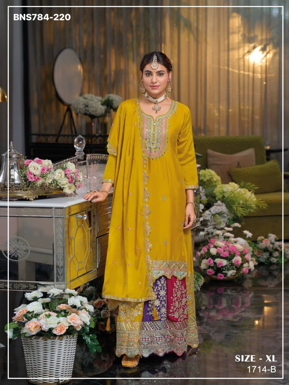 Premium Collection Chinon Silk with Embroidery & Zarkan work Lehenga-Kurta & Dupatta Set