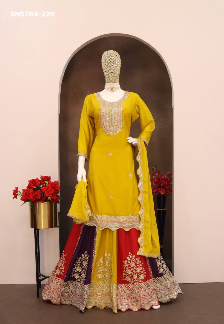 Premium Collection Chinon Silk with Embroidery & Zarkan work Lehenga-Kurta & Dupatta Set - Image 3