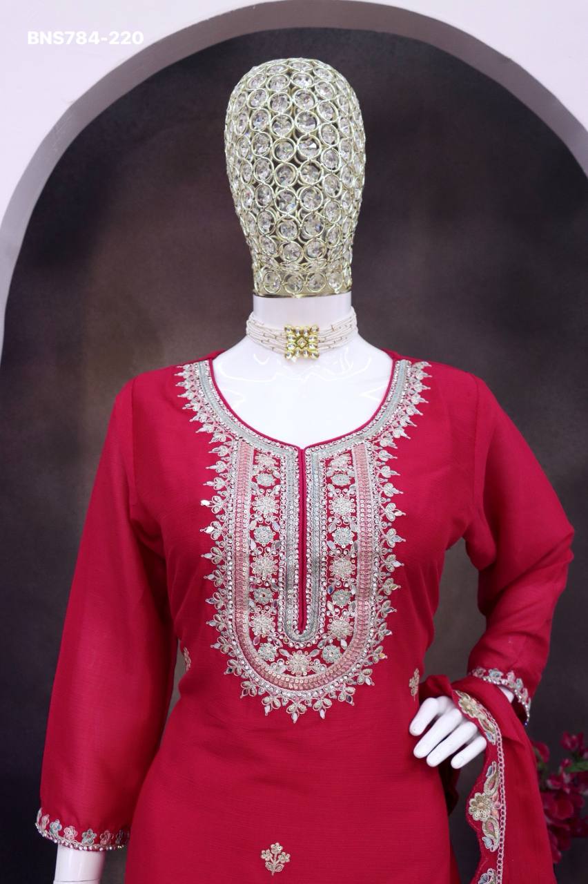 Premium Collection Chinon Silk with Embroidery & Zarkan work Lehenga-Kurta & Dupatta Set - Image 4