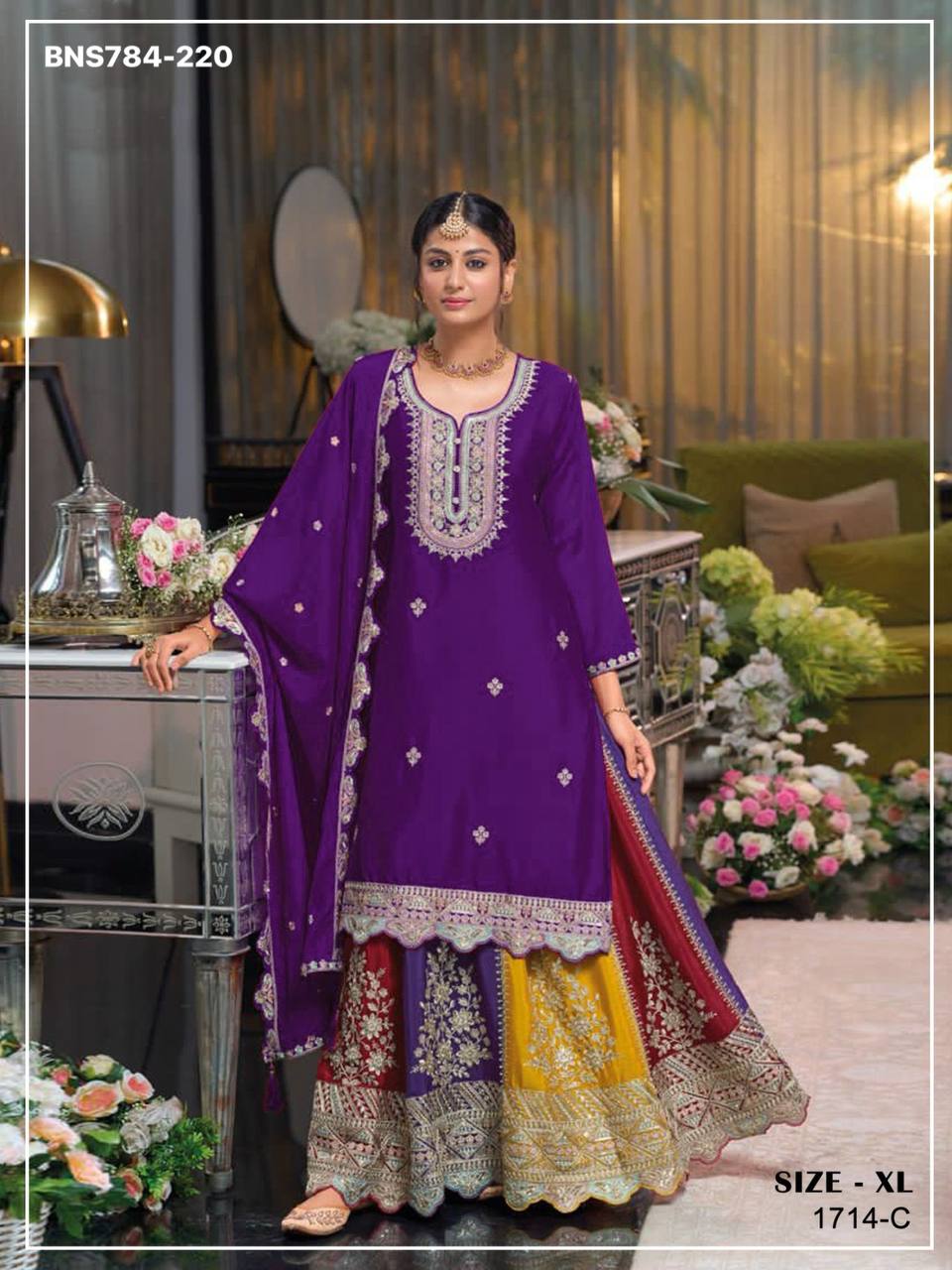 Premium Collection Chinon Silk with Embroidery & Zarkan work Lehenga-Kurta & Dupatta Set - Image 9