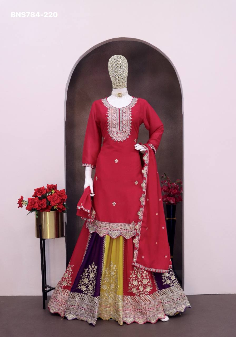 Premium Collection Chinon Silk with Embroidery & Zarkan work Lehenga-Kurta & Dupatta Set - Image 11
