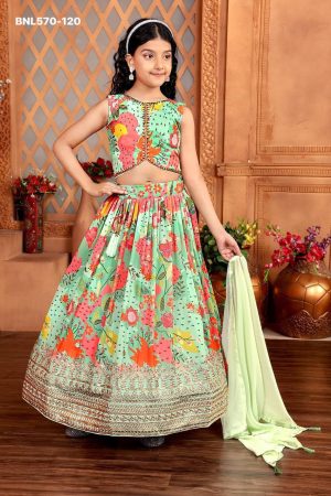 Indian Outfit Star Georgette Kids Lehenga-Blouse & Dupatta with Sequence Embroidery-Printed work