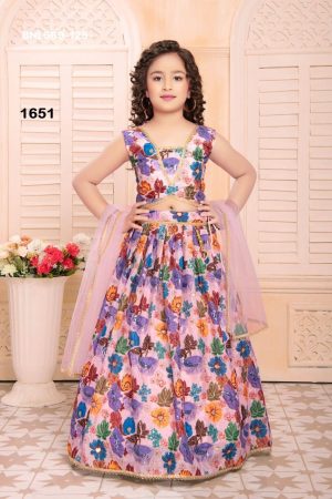 Beautiful Top Quality Chinon with Printed & Embroidery work Kids Lehenga-Blouse & Dupatta Set