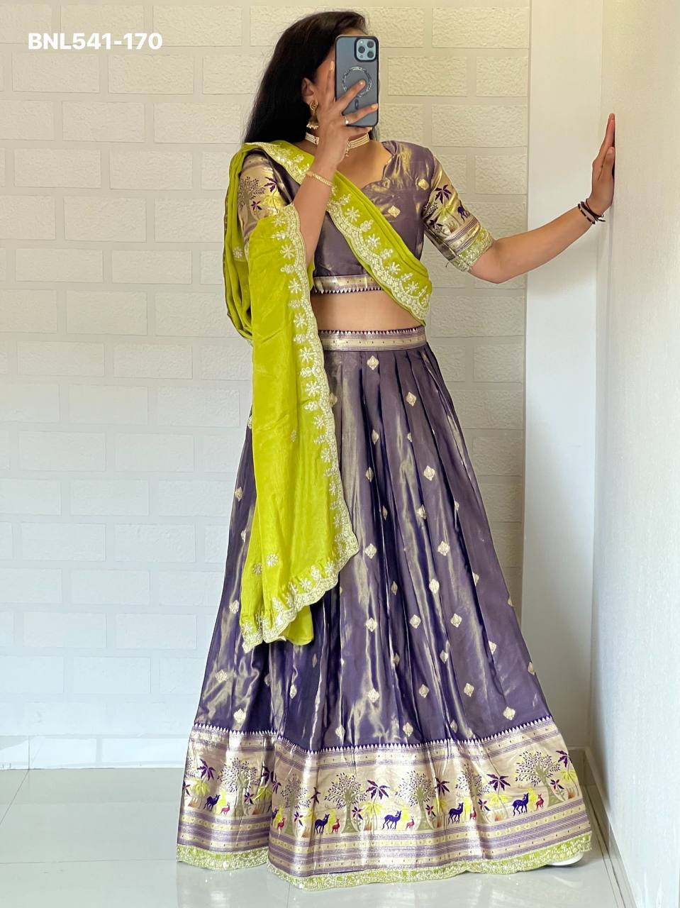 Best Quality Heavy Indian Outfit Shimmer Silk with Paithani Weaving Work Lehenga Blouse & Dupatta - Image 17