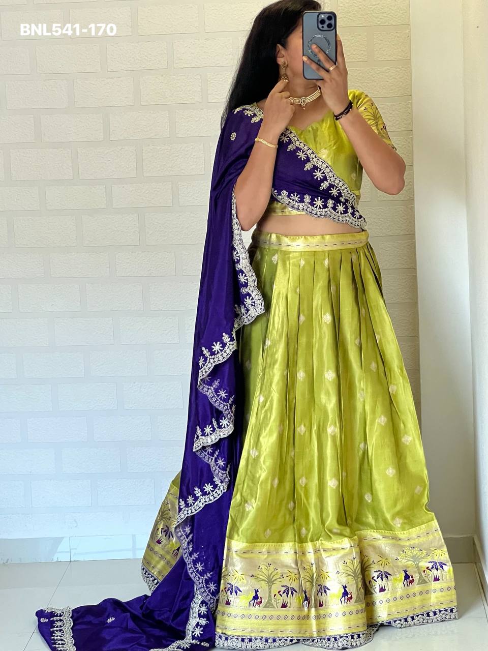 Best Quality Heavy Indian Outfit Shimmer Silk with Paithani Weaving Work Lehenga Blouse & Dupatta - Image 16