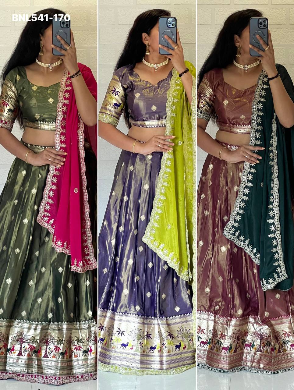 Best Quality Heavy Indian Outfit Shimmer Silk with Paithani Weaving Work Lehenga Blouse & Dupatta - Image 14
