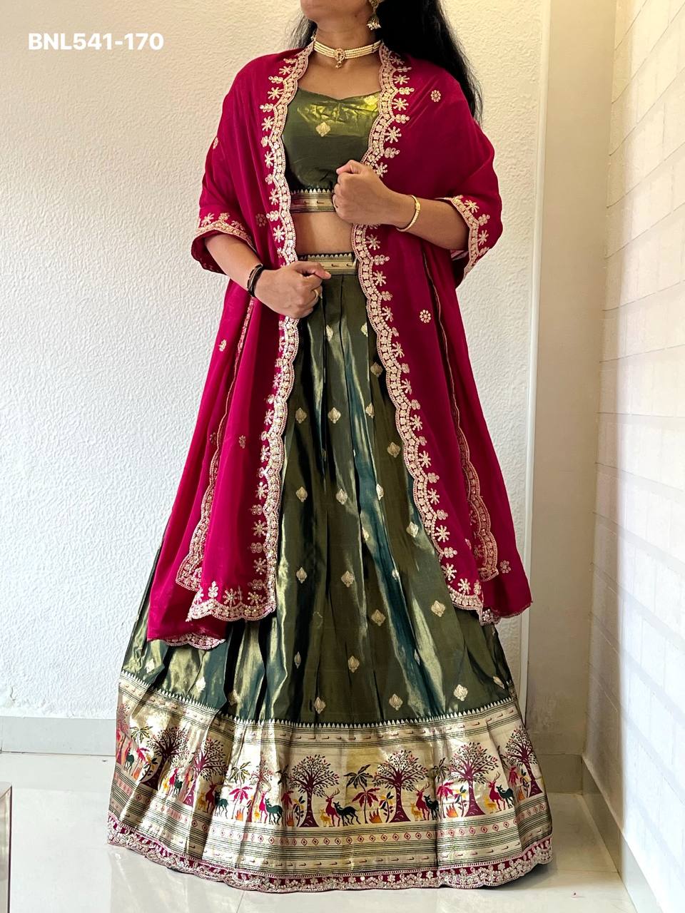 Best Quality Heavy Indian Outfit Shimmer Silk with Paithani Weaving Work Lehenga Blouse & Dupatta - Image 8