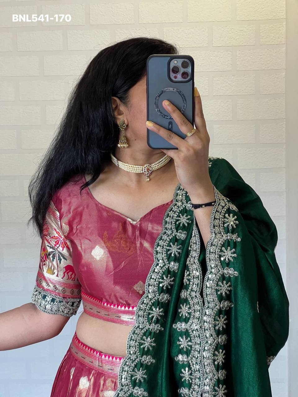 Best Quality Heavy Indian Outfit Shimmer Silk with Paithani Weaving Work Lehenga Blouse & Dupatta - Image 7