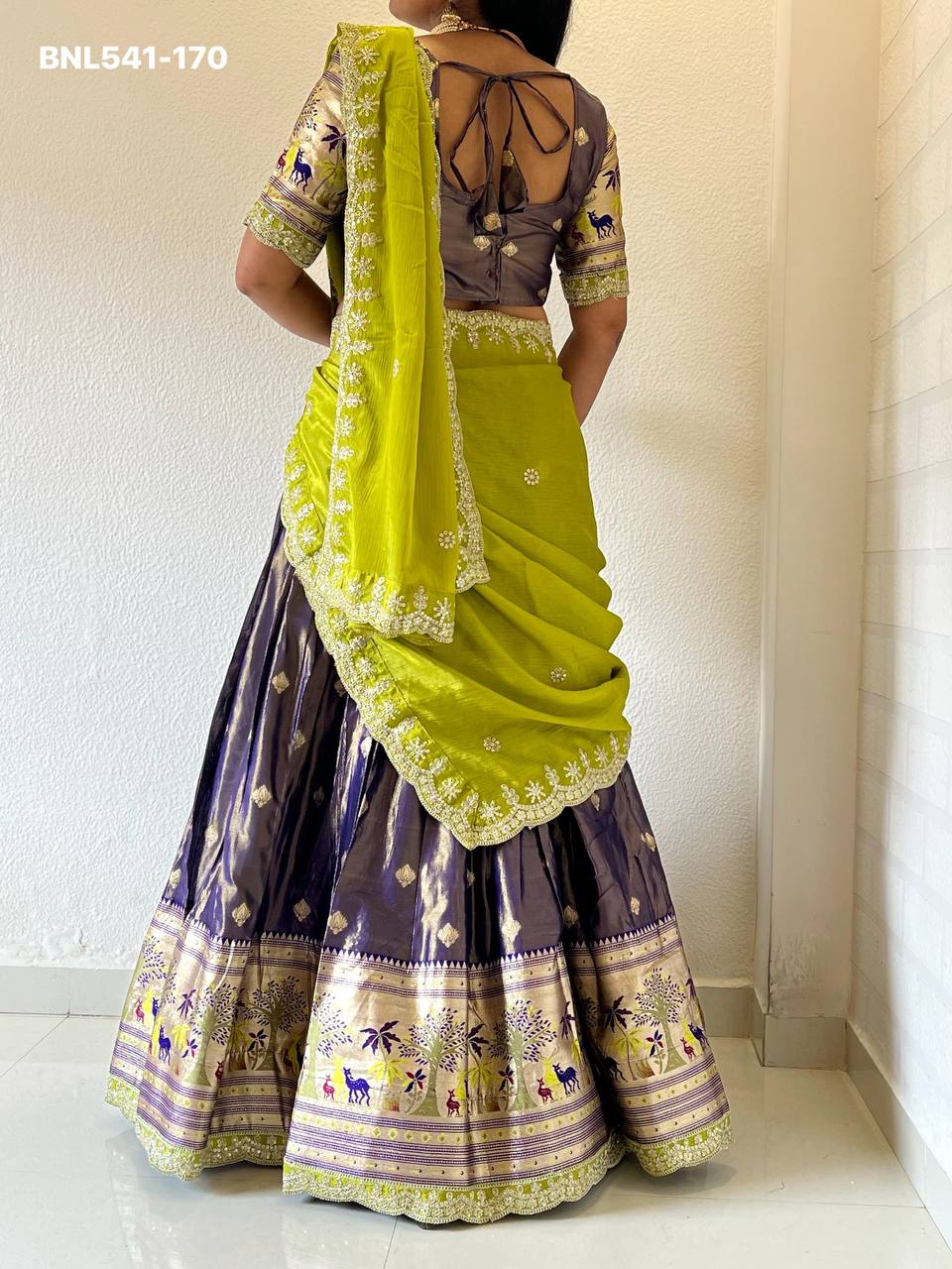 Best Quality Heavy Indian Outfit Shimmer Silk with Paithani Weaving Work Lehenga Blouse & Dupatta - Image 5