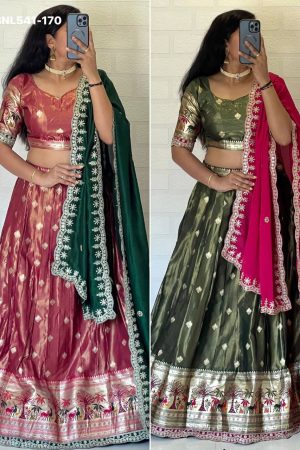 Best Quality Heavy Indian Outfit Shimmer Silk with Paithani Weaving Work Lehenga Blouse & Dupatta