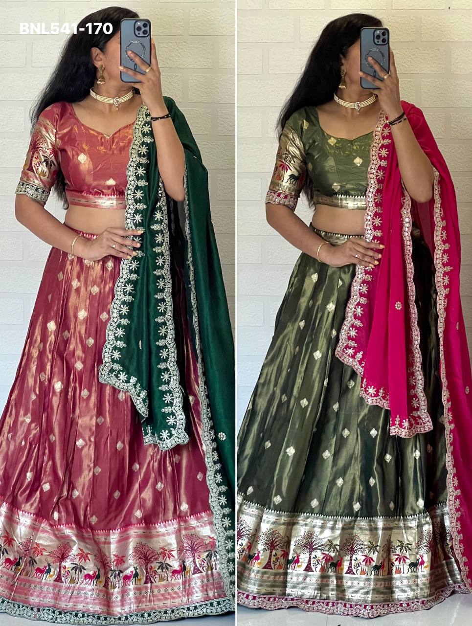 Best Quality Heavy Indian Outfit Shimmer Silk with Paithani Weaving Work Lehenga Blouse & Dupatta