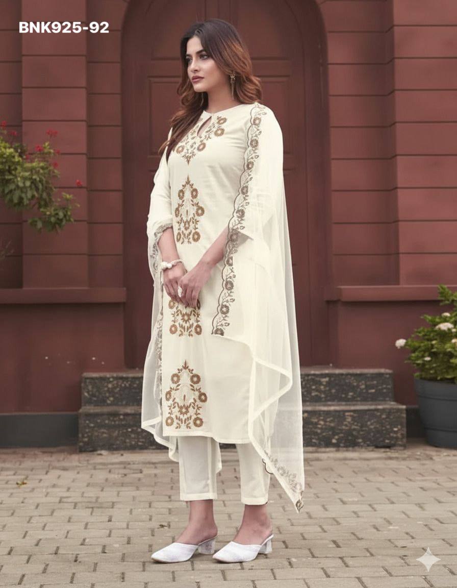 Latest Collection Beautiful Designer Rayon Slub with Embroidered Kurti with Pant & Dupatta Set - Image 8
