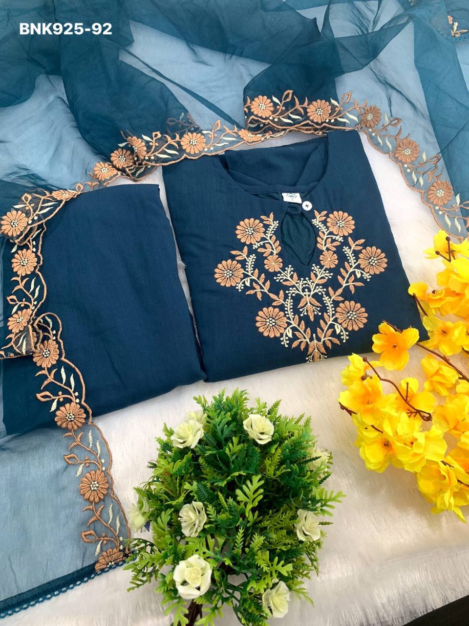 Latest Collection Beautiful Designer Rayon Slub with Embroidered Kurti with Pant & Dupatta Set - Image 13