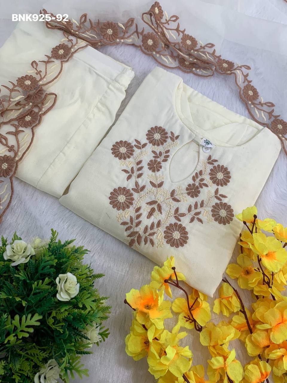 Latest Collection Beautiful Designer Rayon Slub with Embroidered Kurti with Pant & Dupatta Set - Image 17