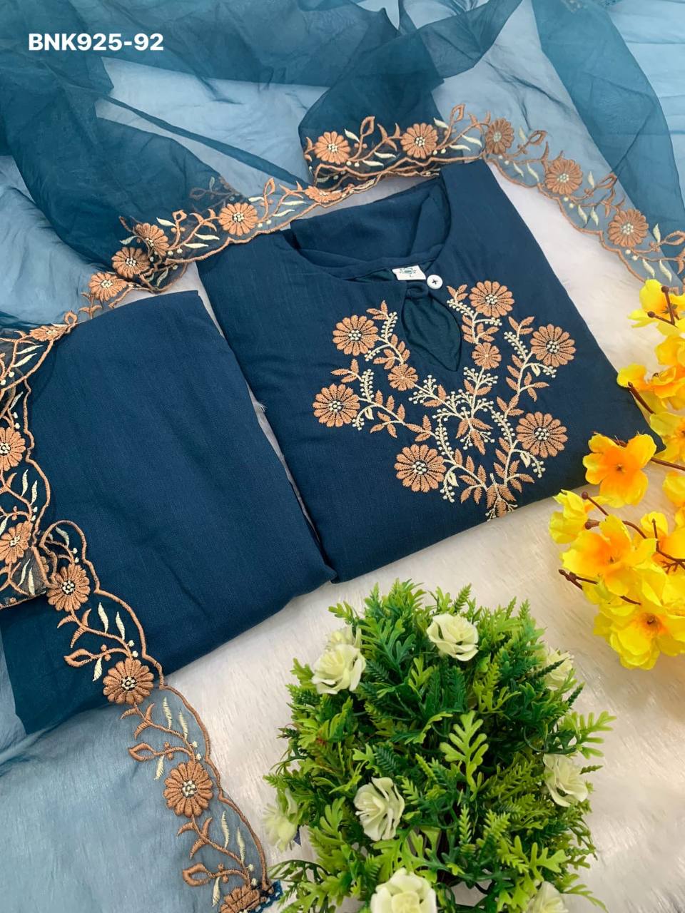 Latest Collection Beautiful Designer Rayon Slub with Embroidered Kurti with Pant & Dupatta Set - Image 18