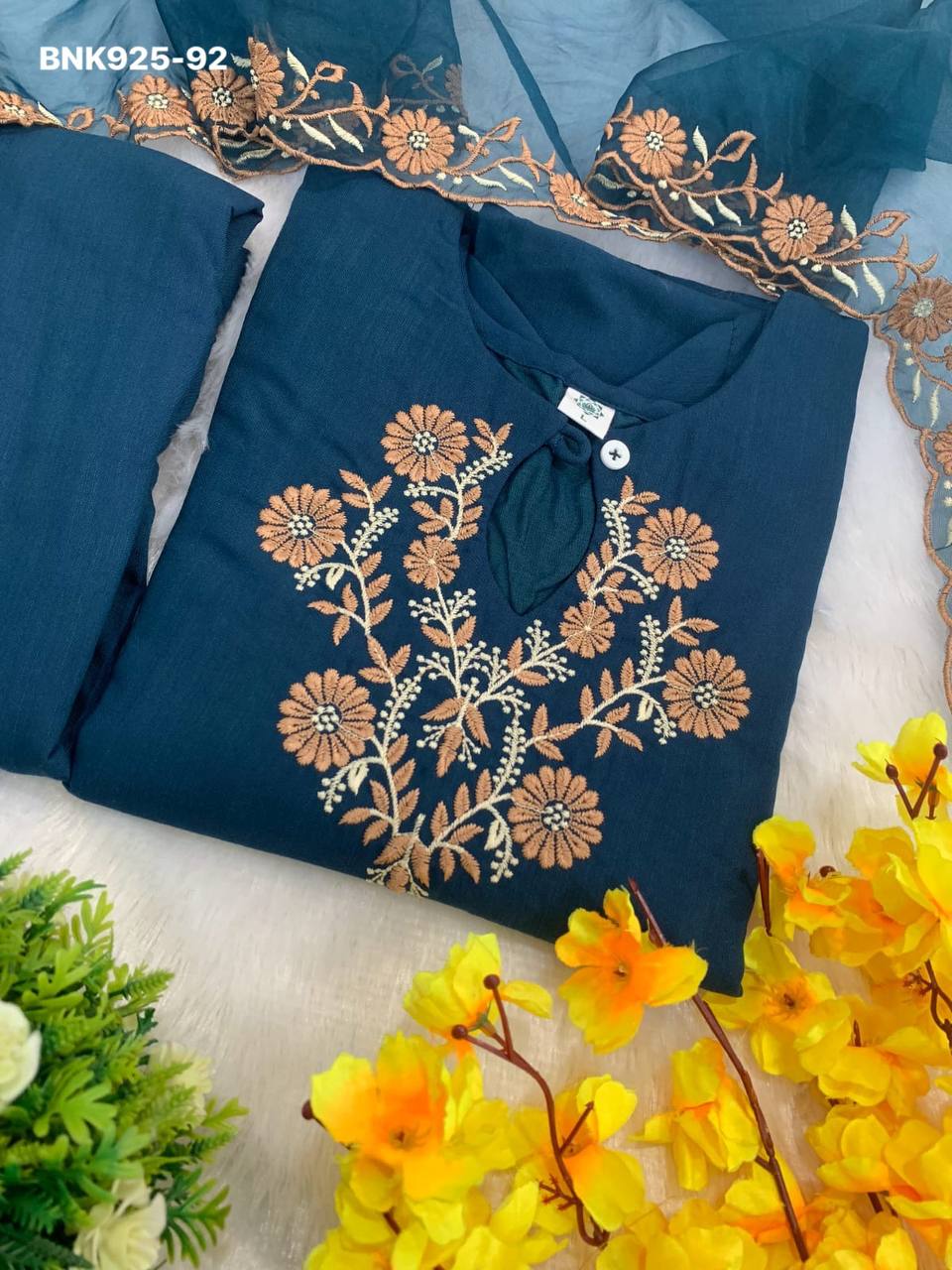 Latest Collection Beautiful Designer Rayon Slub with Embroidered Kurti with Pant & Dupatta Set - Image 20