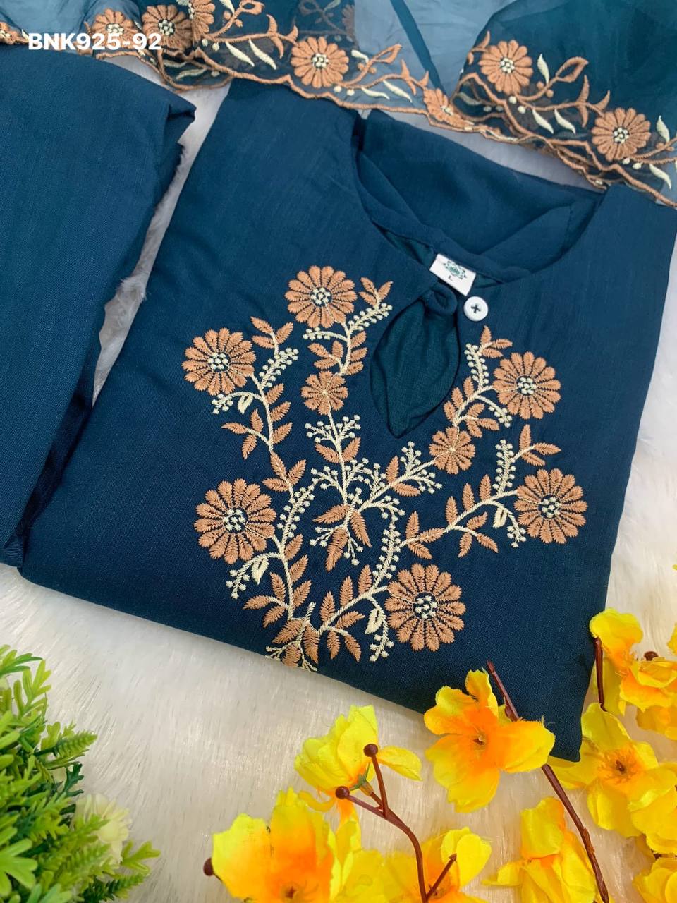 Latest Collection Beautiful Designer Rayon Slub with Embroidered Kurti with Pant & Dupatta Set - Image 21