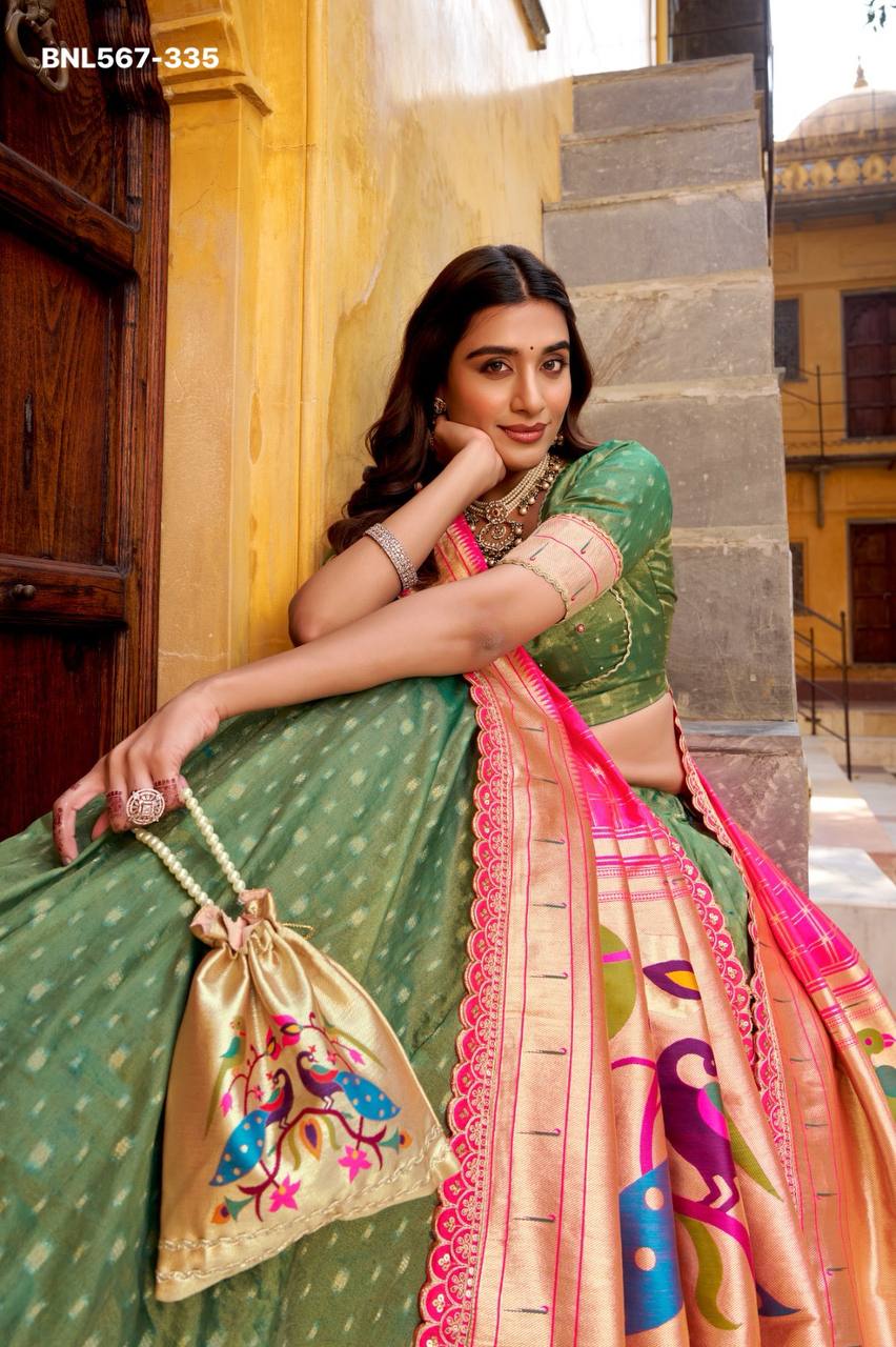 Wedding Wear Simmer Organza with Zari Weaving & Lace work Lehenga Choli & Dupatta Set - Image 14