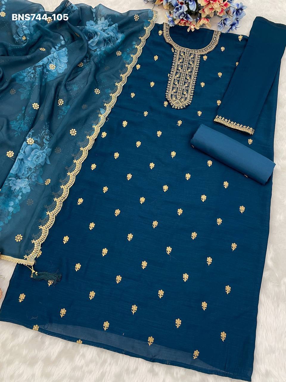 Festival Wear Vichitra Silk with Viscose Thread & Embroidered Salwaar-Suit Material Party Wear - Image 8