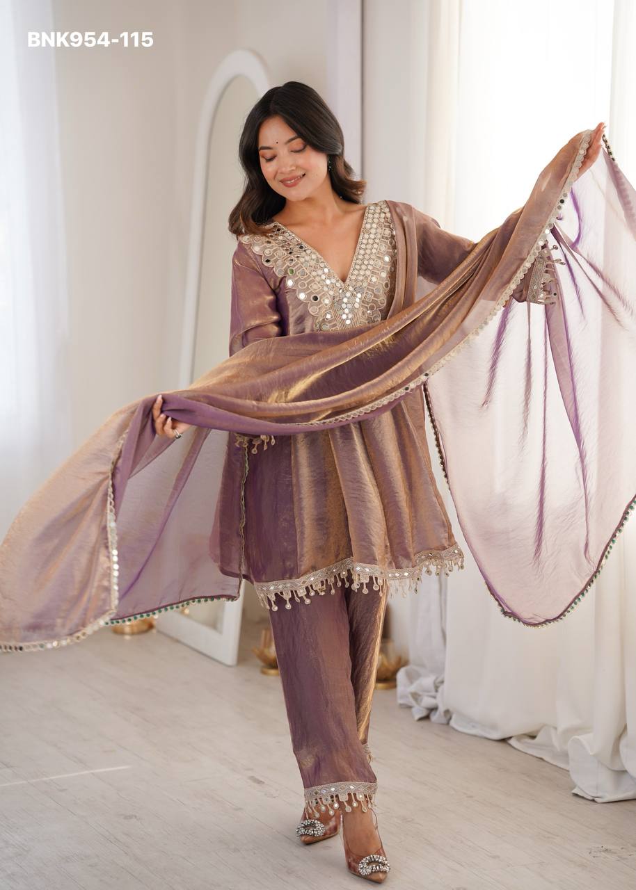 Party Wear Elegant Look Designer Fancy with Mirror Embroidered work Kurti-Pant & Dupatta Set