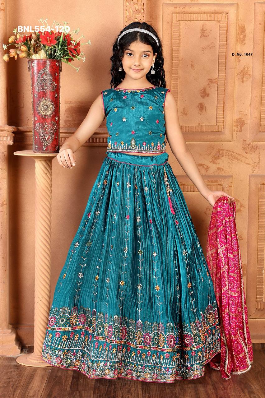 Festival Wear Chinon with Colour Thread & Sequence-Embroidery Work Kids Lehenga Choli & Dupatta Set