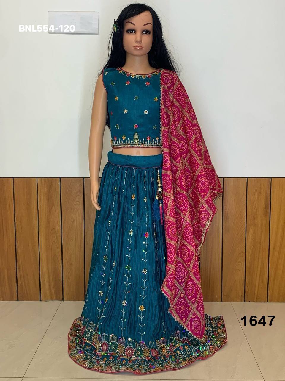Festival Wear Chinon with Colour Thread & Sequence-Embroidery Work Kids Lehenga Choli & Dupatta Set - Image 9
