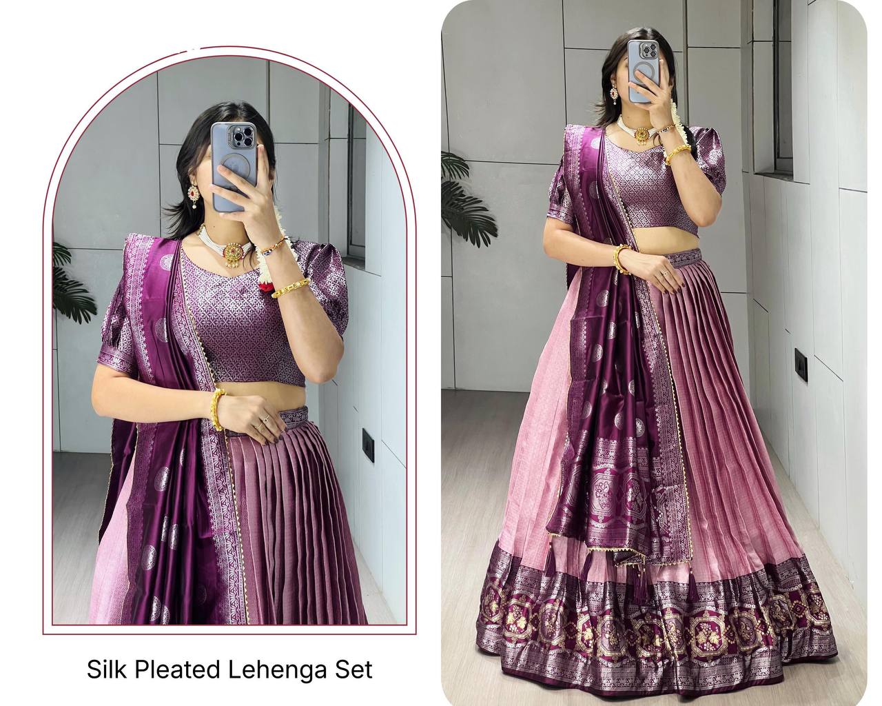 Indian Traditional Best Quality Silk with Zari Weaving work Lehenga-Blouse & Dupatta Set - Image 2