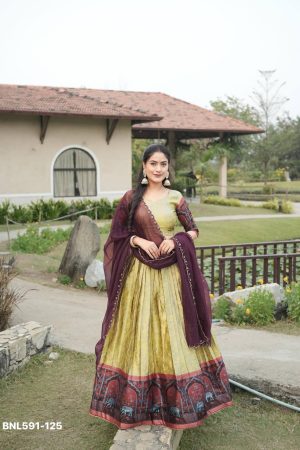 Indian Traditional Silk with Zari & Kalamkari Weaving Border Lehenga Choli & Dupatta Set