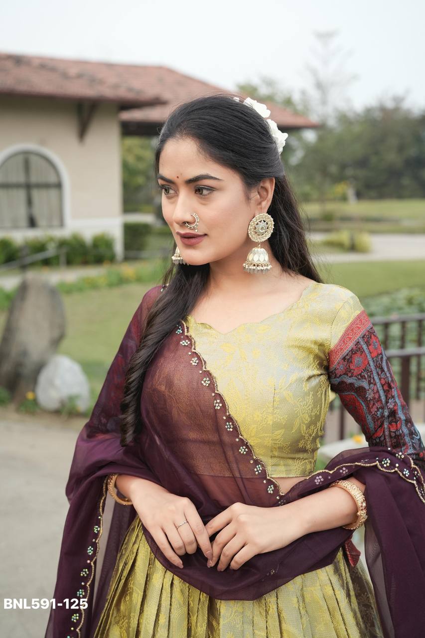 Indian Traditional Silk with Zari & Kalamkari Weaving Border Lehenga Choli & Dupatta Set - Image 8