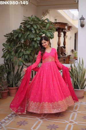 Beautiful Indian Outfit Russian Silk with Embroidery-Sequins & Digital Printed Gown & Dupatta Set