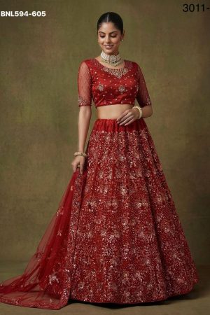 Indian Traditional Heavy Net with Flower-Sequins & Thread-Zari work Lehenga-Choli & Dupatta Set